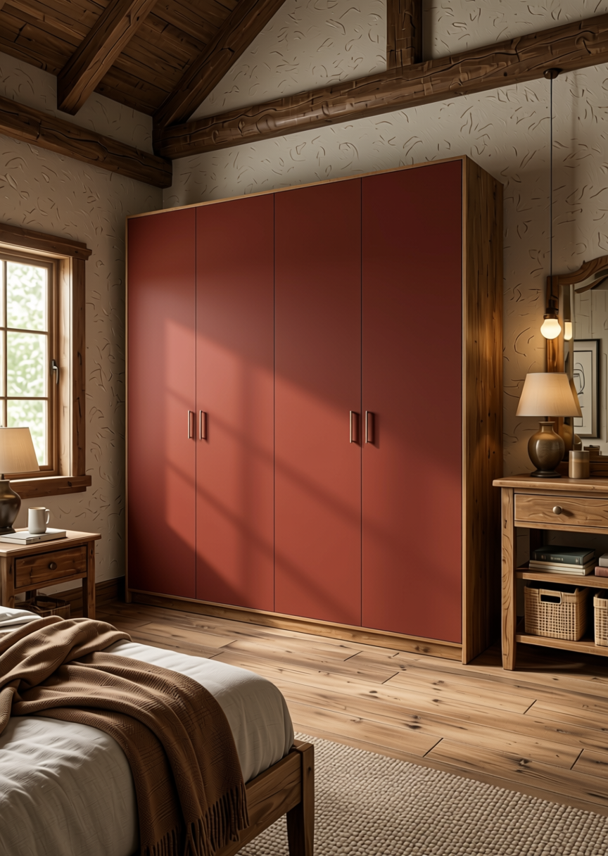 Niomi Red Brown Texture Laminate 4x8 ft - STY-SOL-1097 — application view in a rustic bedroom