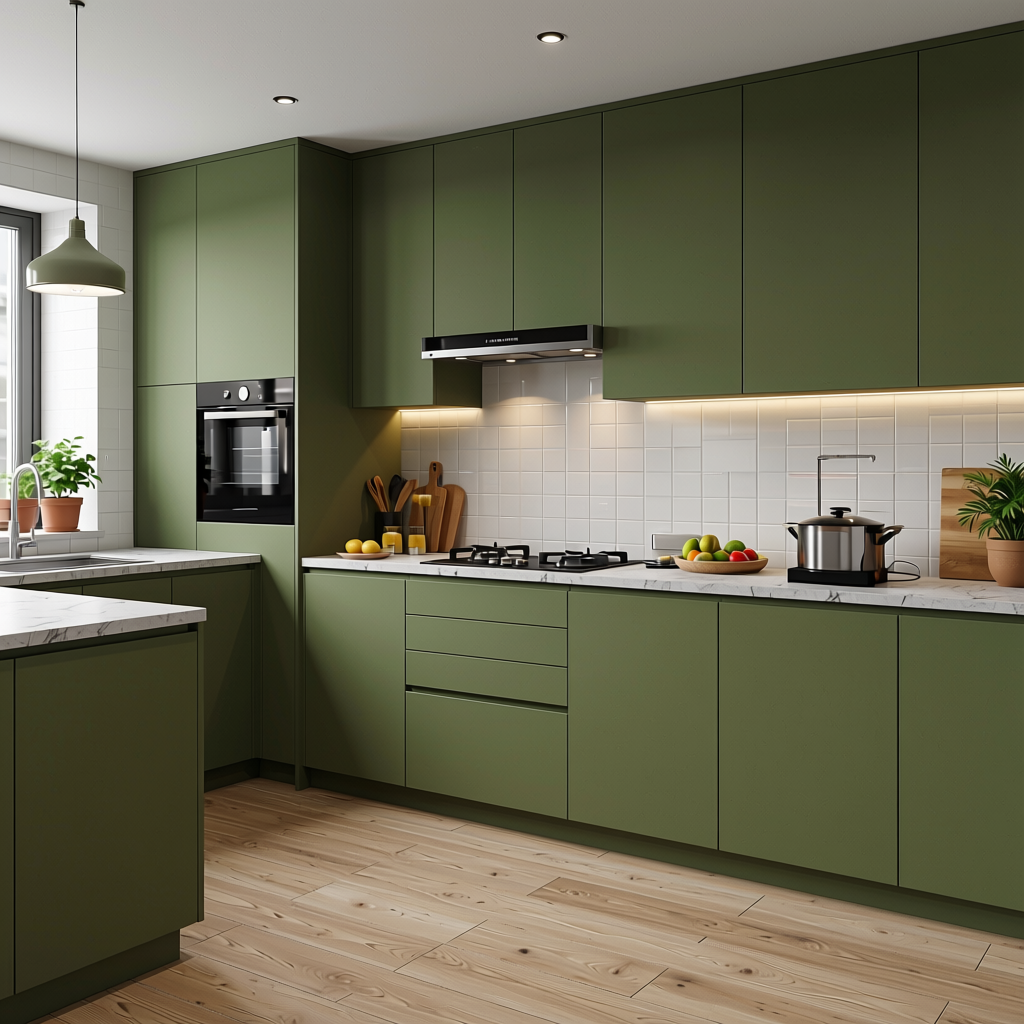 Olive Plain Colors Laminate 8*4 ft Suede 1.0 mm - HER-1298 — application view in a kitchen