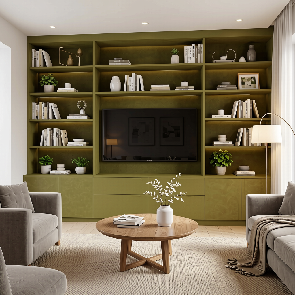 Olive Sand Plain colors Laminate 8*4 ft Suede 1.0 mm - HER-1443 — application view in a living room