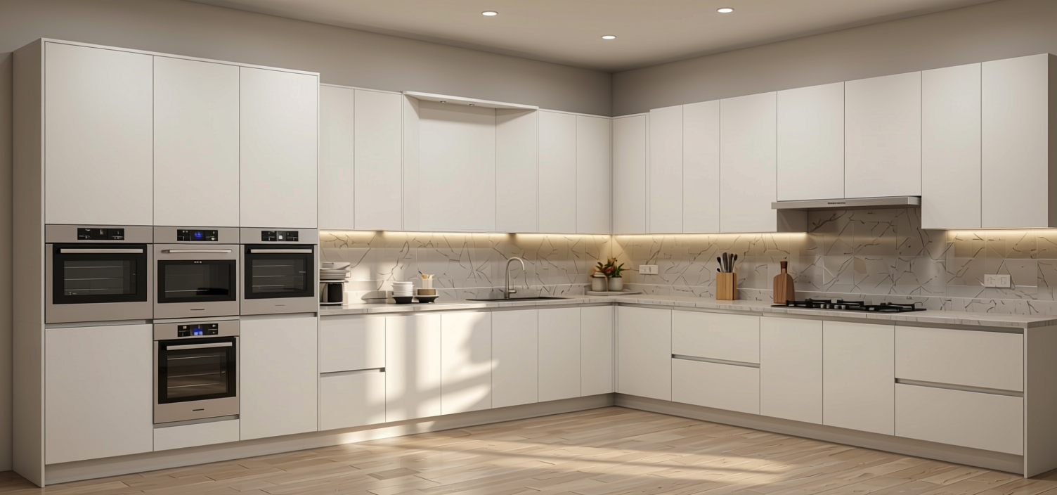 Dove White Wood Laminate 8x4 ft Texture 0.8 mm - GLE 15 — application view in a contemporary kitchen
