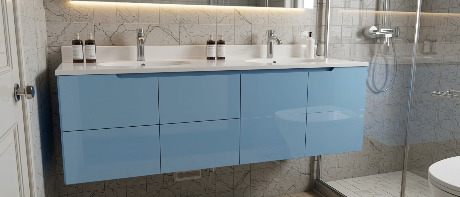 Ice Blue Wood Laminate 8x4 ft Texture 0.8 mm - GLE 20 — application view in a nautical bathroom