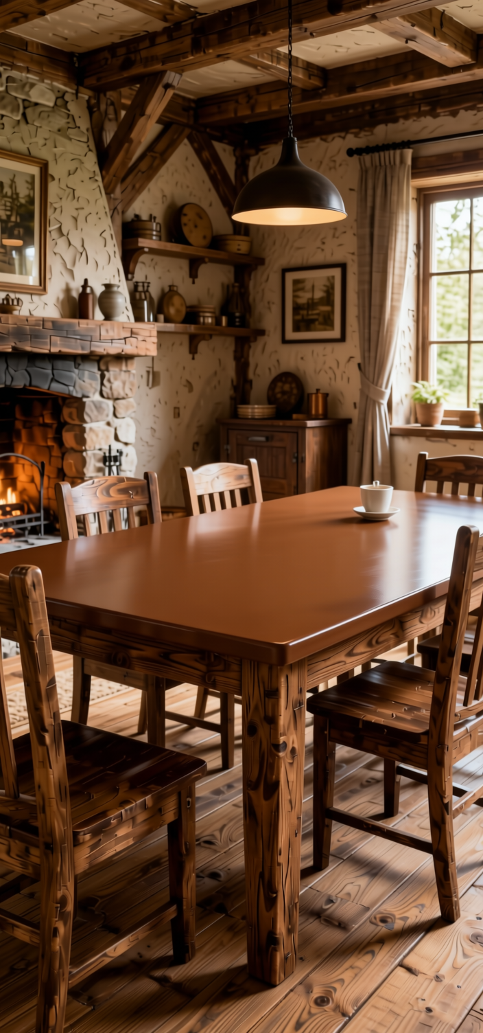 Soil Brown Plain Laminate 8x4 ft High Gloss 1 mm - 11058 SHG — application view in a rustic dining room