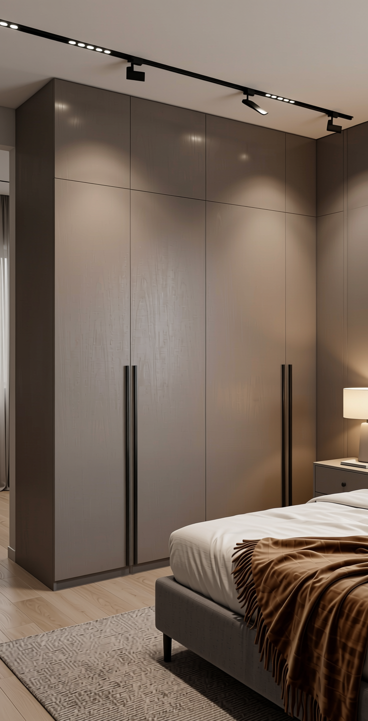 Warm Grey Wood Laminate 8x4 ft Texture 0.8 mm - 1022 CFN — application view in a modern bedroom