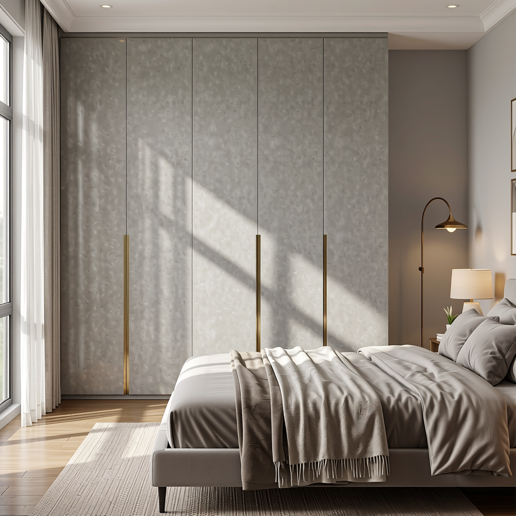 Pearl Grey Plain Colors Laminate 8*4 ft Suede 1.0 mm - HER-1125 — application view in a sleek bedroom