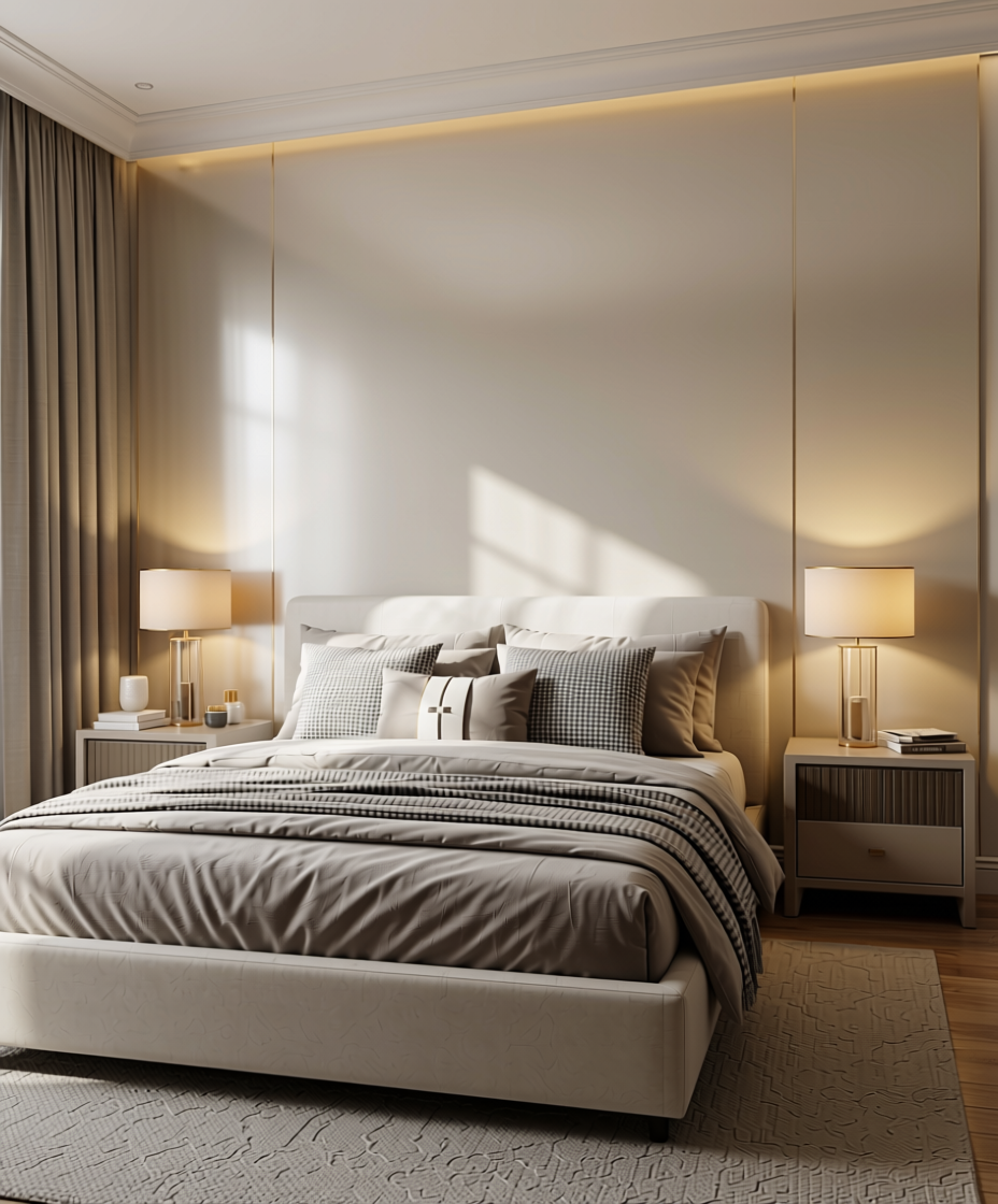 Pearl Metallic Wood Wall Panel 4x8 ft - STY-WDG-1589 — application view in a luxury bedroom