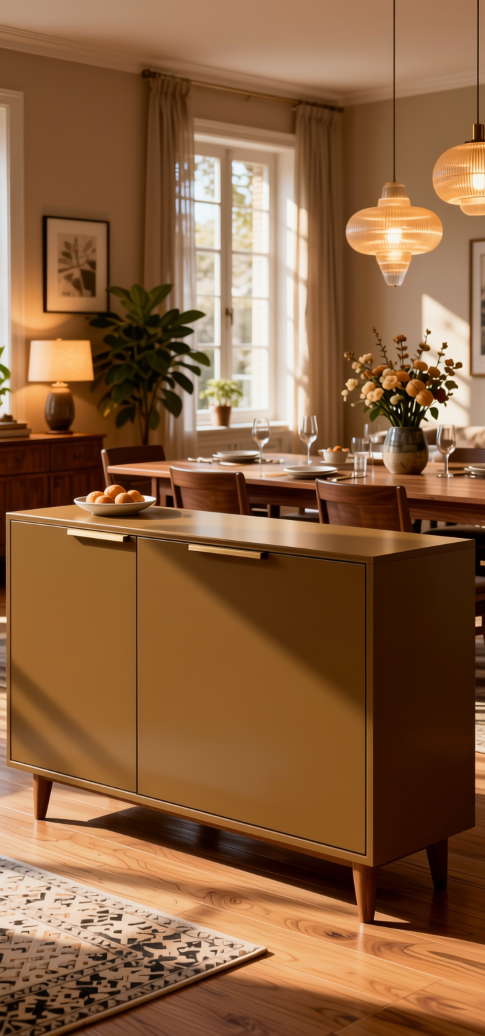 Brown Butter Plain Laminate 8x4 ft Matte 1.5 mm - ST 121 — application view in a warm dining room