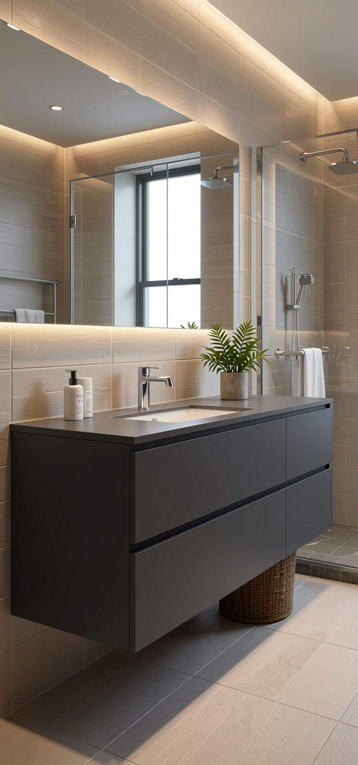 Licorice Grey Plain Laminate 8x4 ft Matte 1.5 mm - ST 155 — application view in a contemporary bathroom