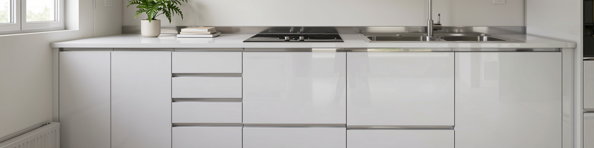 Plain Laminate 8x4 ft High Gloss 1 mm - HG 1004 — application view in a minimalist kitchen