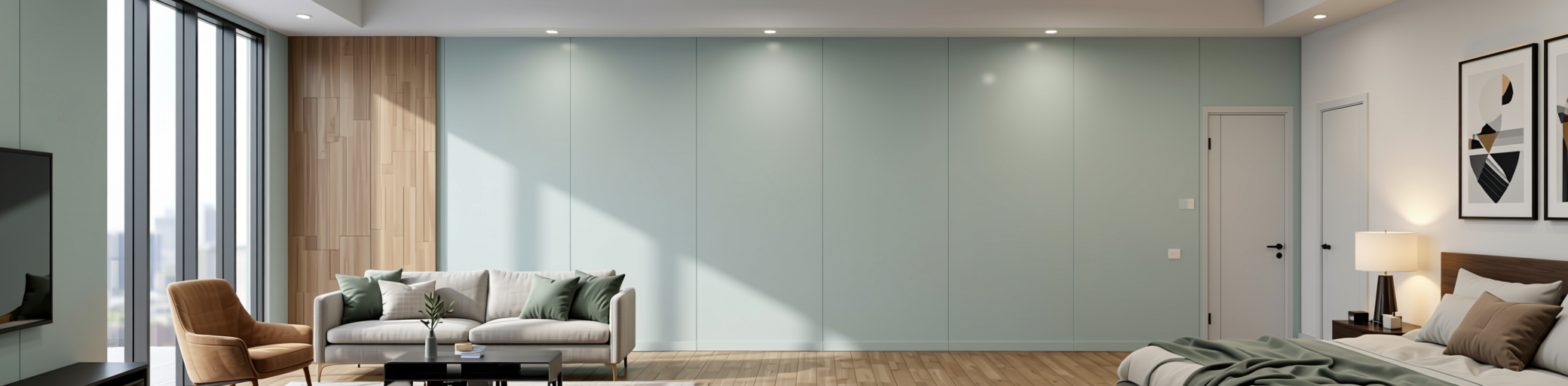 Plain Laminate 8x4 ft Texture 1 mm - ST 1140 — application view in a open-plan living