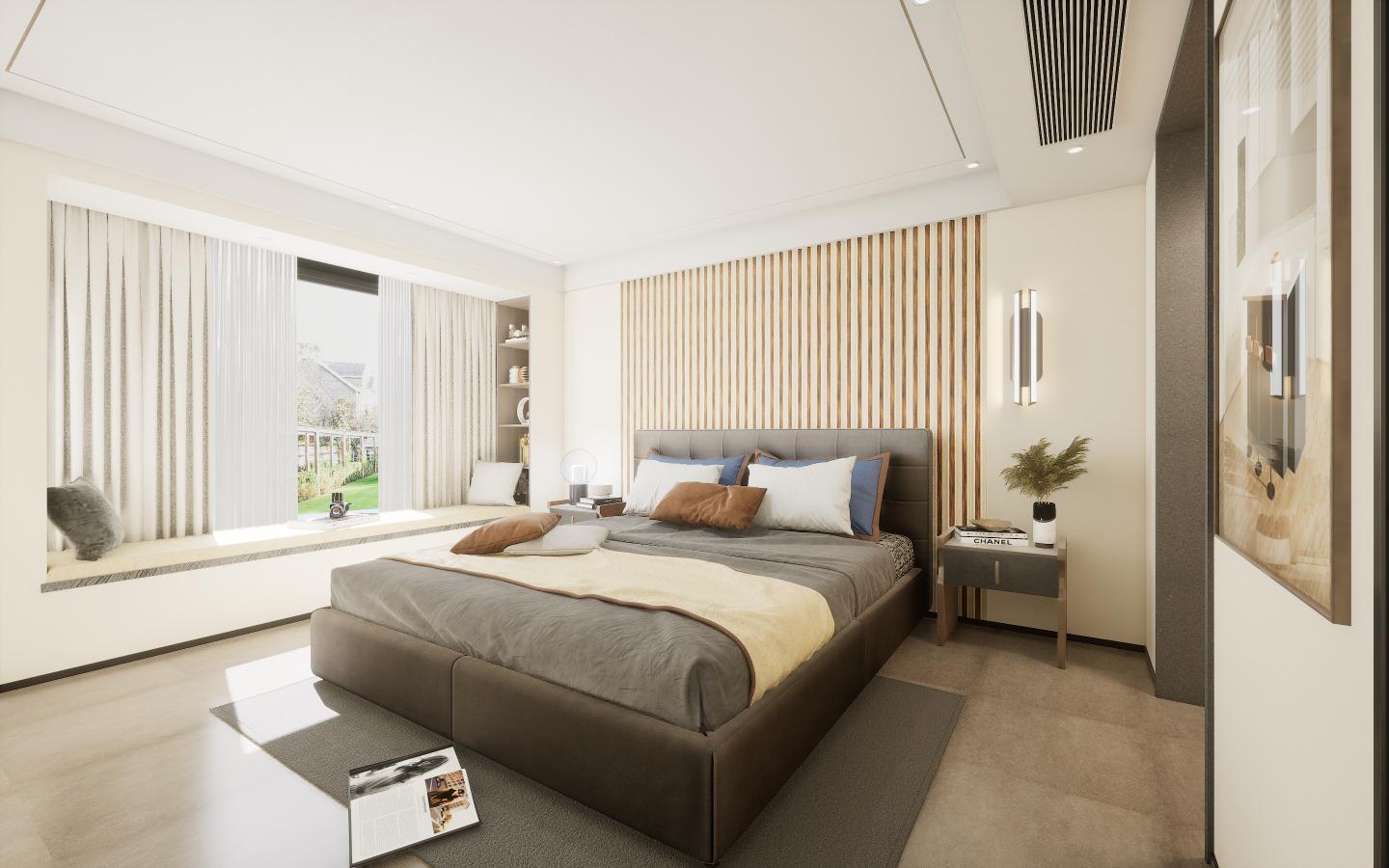 Wooden louver wall panel with textured finish and vertical slats in a modern bedroom interior design setting