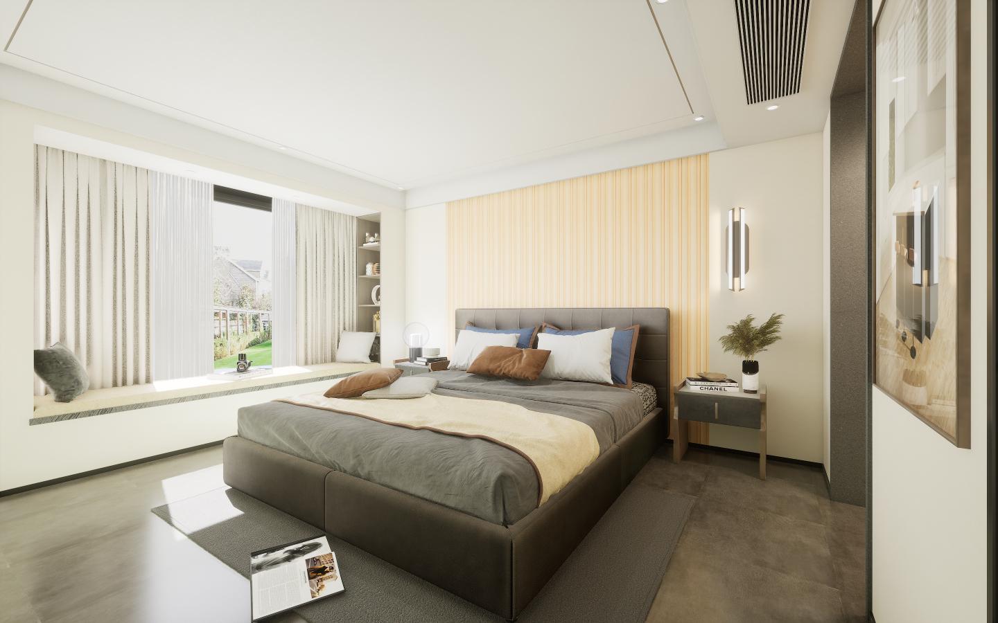 Beige designer louvers on wall behind bed in modern bedroom with large window and minimalist decor