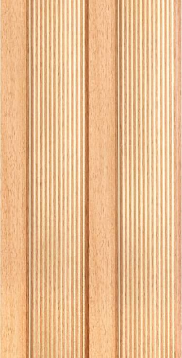 Beige designer louvers with textured wood grain and striped pattern on vertical slats.