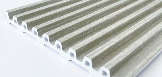 Beige wooden louver with wood grain texture and white connectors visible on the slats' ends against a white background
