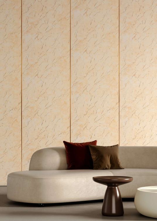 Brown marble louver panel with textured finish and beige sofa and pillows in a modern interior setting