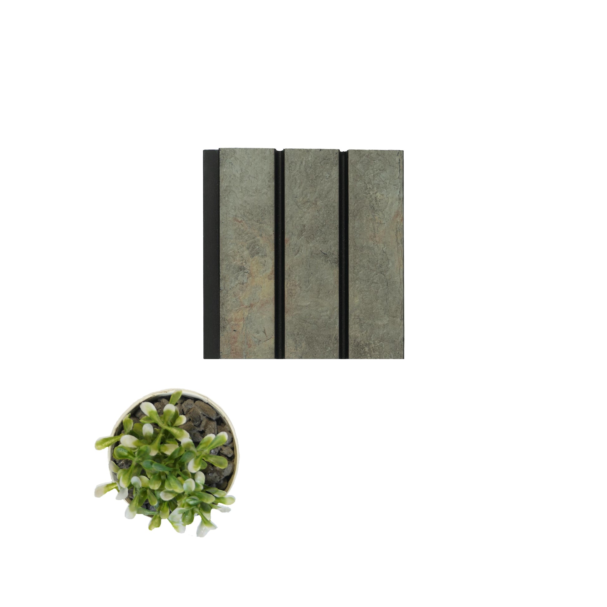 Brown marble louver with textured finish and natural veining, shown alongside a small potted plant for scale comparison.