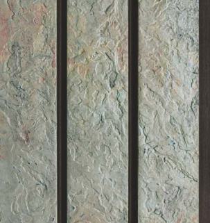 Brown marble louver with textured stone finish and multicolored veining between black slats