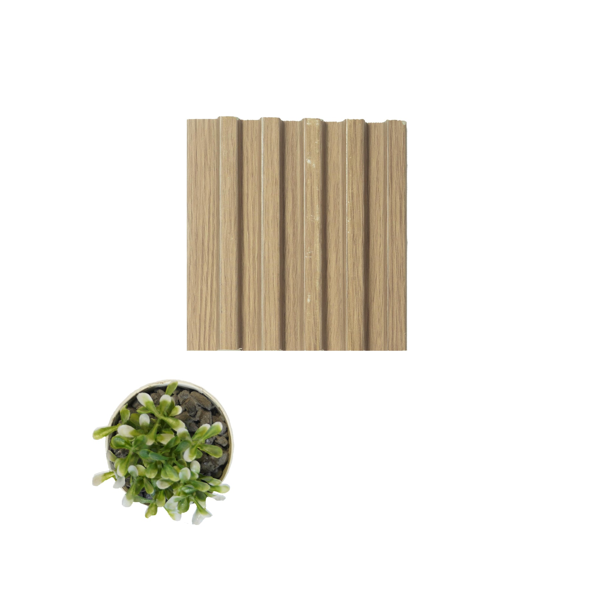 Brown wooden louver panel with visible wood grain texture and a small potted plant beside it for scale comparison