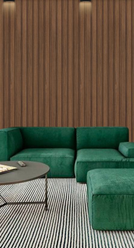 Brown wooden louver panel with vertical wood grain texture and smooth finish on a modern living room wall