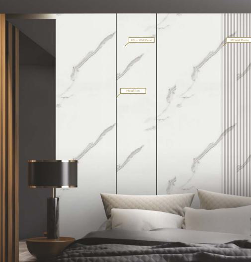 Italian Statuario 3D Plank Marble Series Louvers & Stone White 8x0.58 Ft - Ev 14003