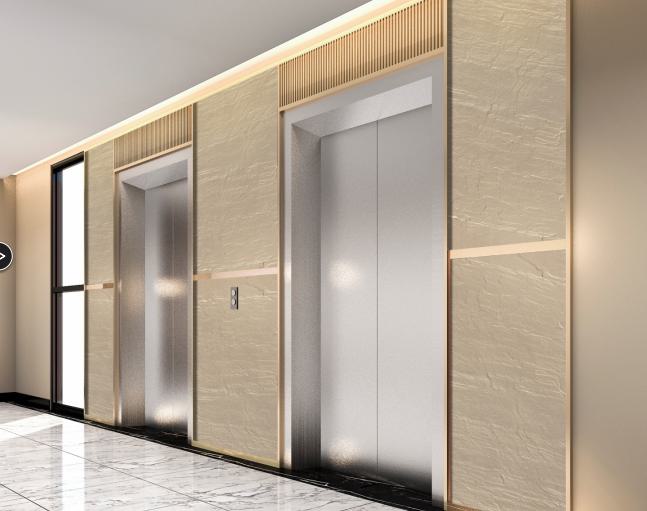 Beige marble louver panels with textured finish and vertical slats surrounding elevator doors in modern interior setting