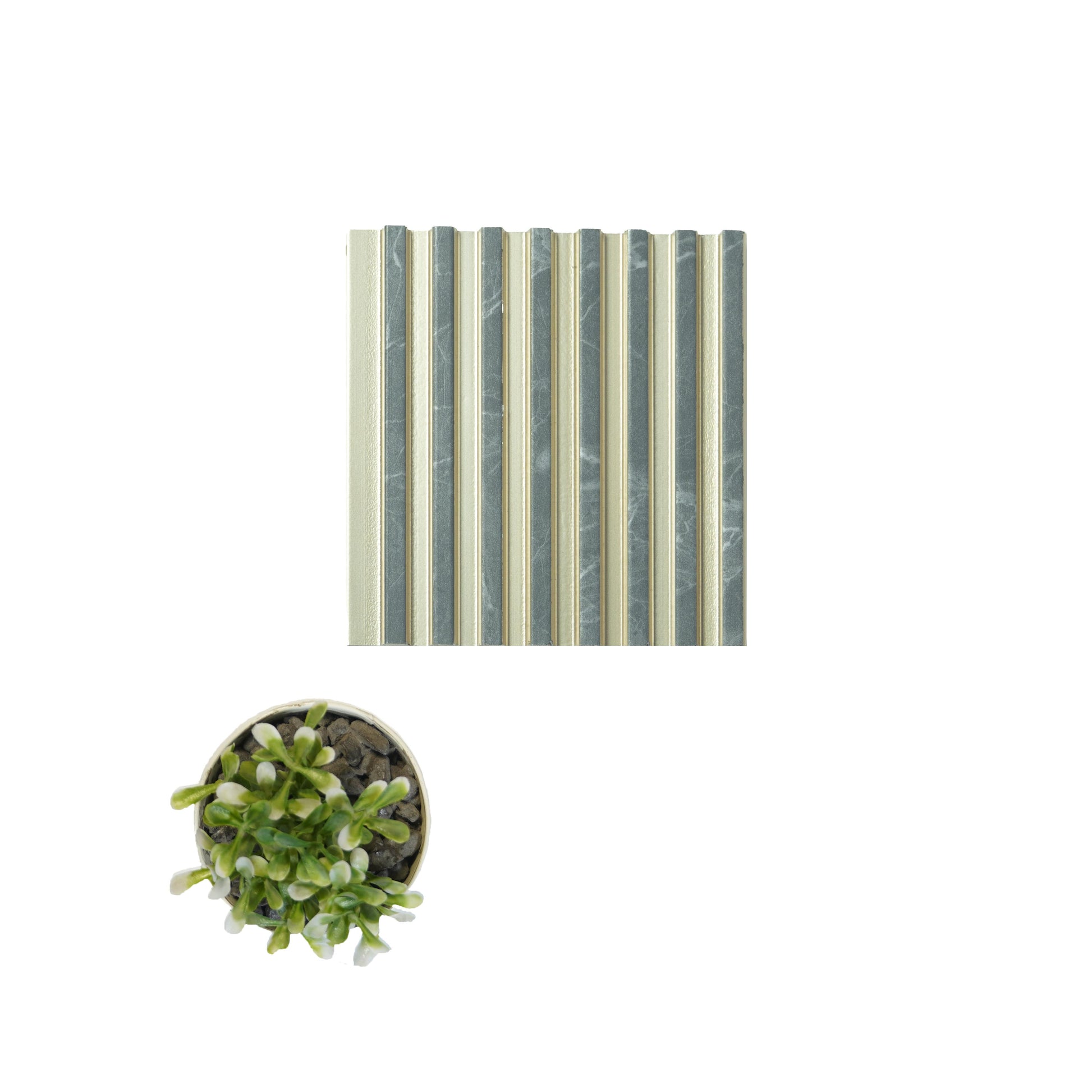 Grey marble louver with white veining and beige accents, featuring a textured finish and vertical slats.