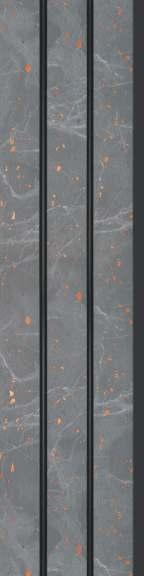 Grey marble louver with white veining and orange speckles, polished finish, vertical slats with dark edges and subtle