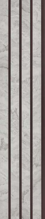 Grey marble louver with marbled texture and veining, featuring dark brown slats and a smooth finish.