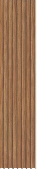 Brown wood grain PVC louver panel with vertical slats and wood texture finish.