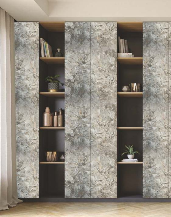 Grey marble louver panel with veined pattern and matte finish used as cabinet doors with wooden shelves and decorative items.