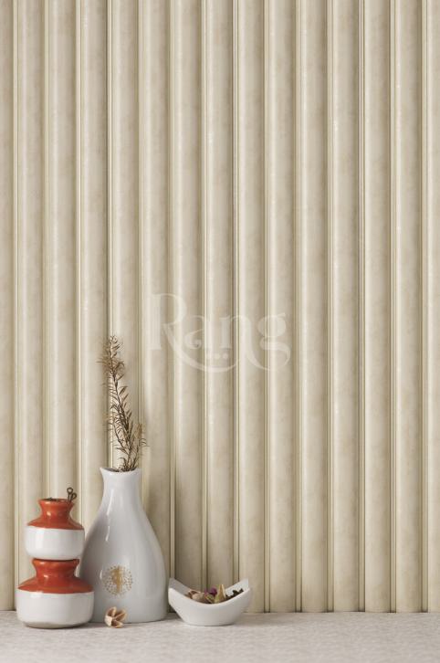 Beige plain louver with smooth finish and vertical slats, accompanied by decorative vases and a bowl on a textured floor.