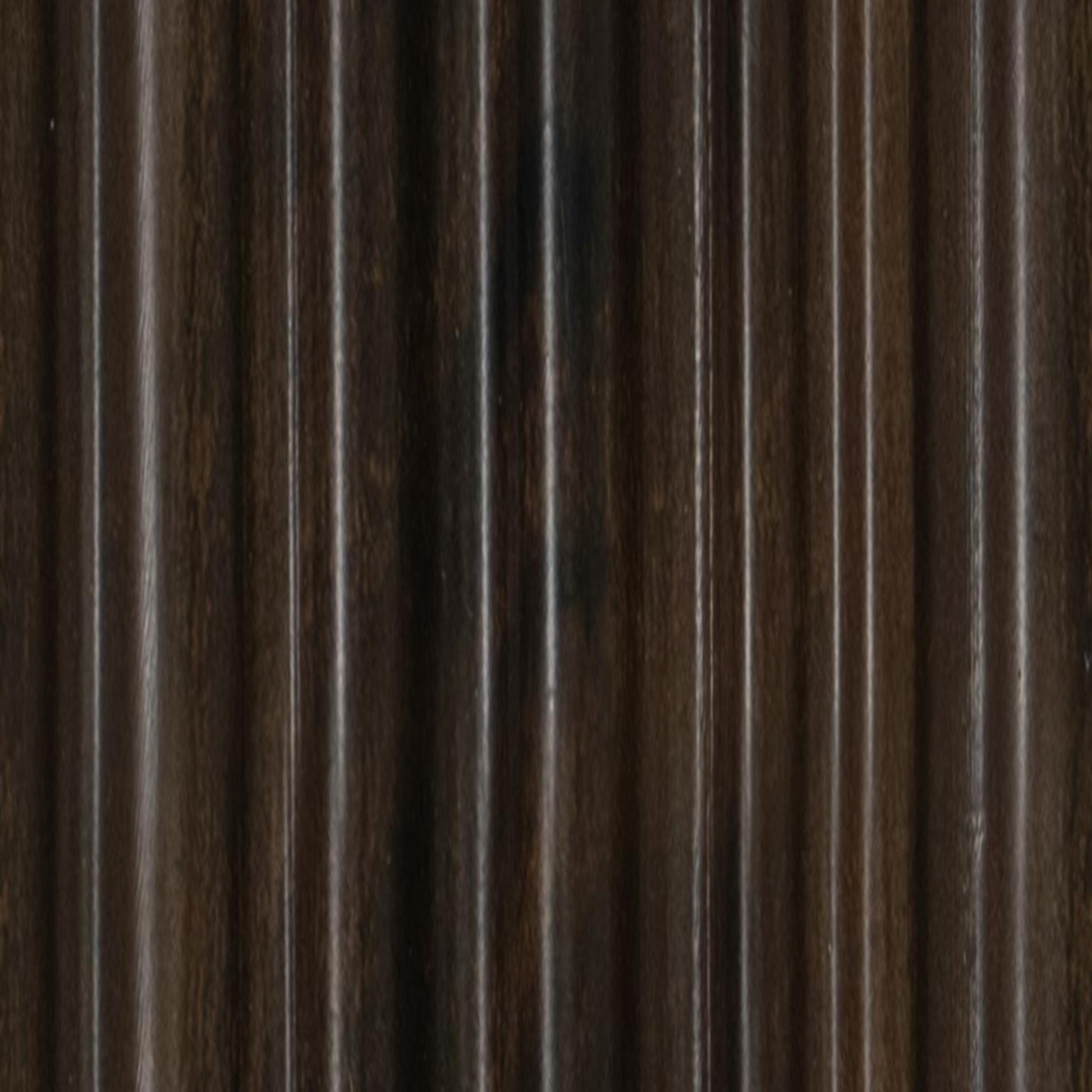 Brown wood louvers with visible wood grain texture and vertical slats, showcasing a dark brown finish with subtle sheen.