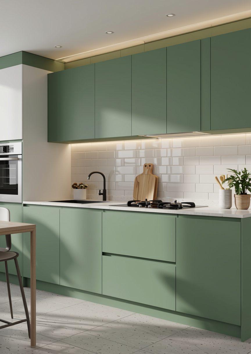 Garden Plain Laminate 8x4 ft Matte 1.5 mm - RM 8011 — application view in a minimalist kitchen