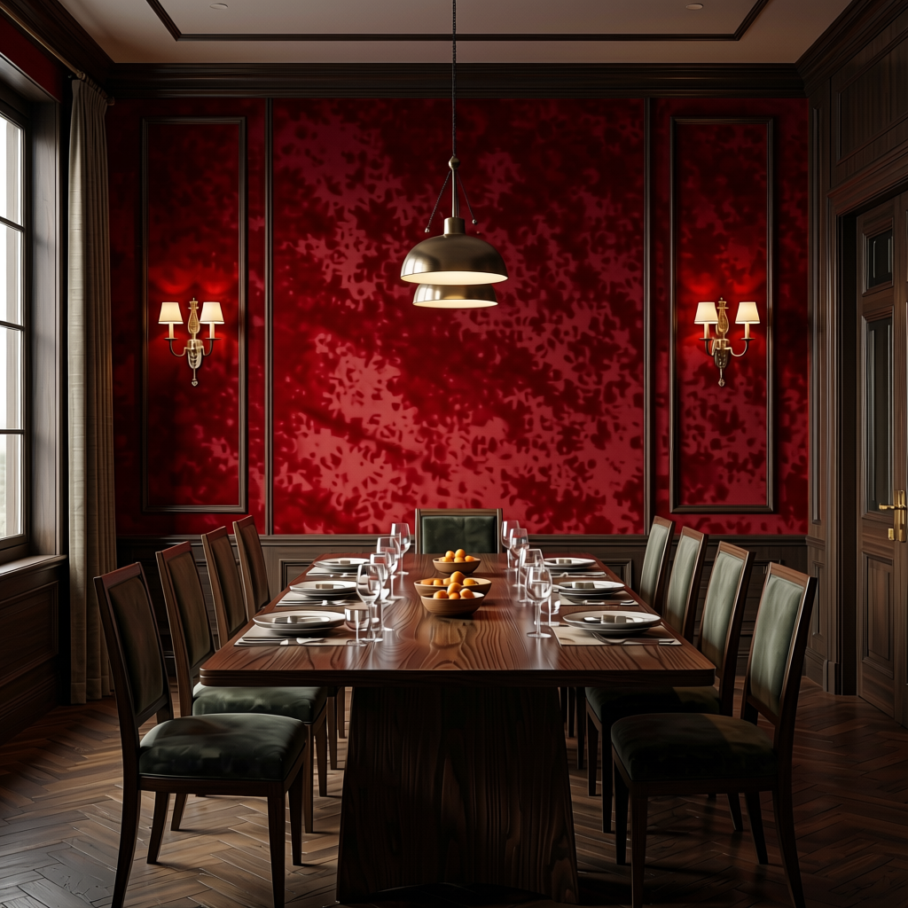 Red Dynasty Plain Colors Laminate 8*4 ft Suede 1.0 mm - HER-1165 — application view in a dramatic dining room
