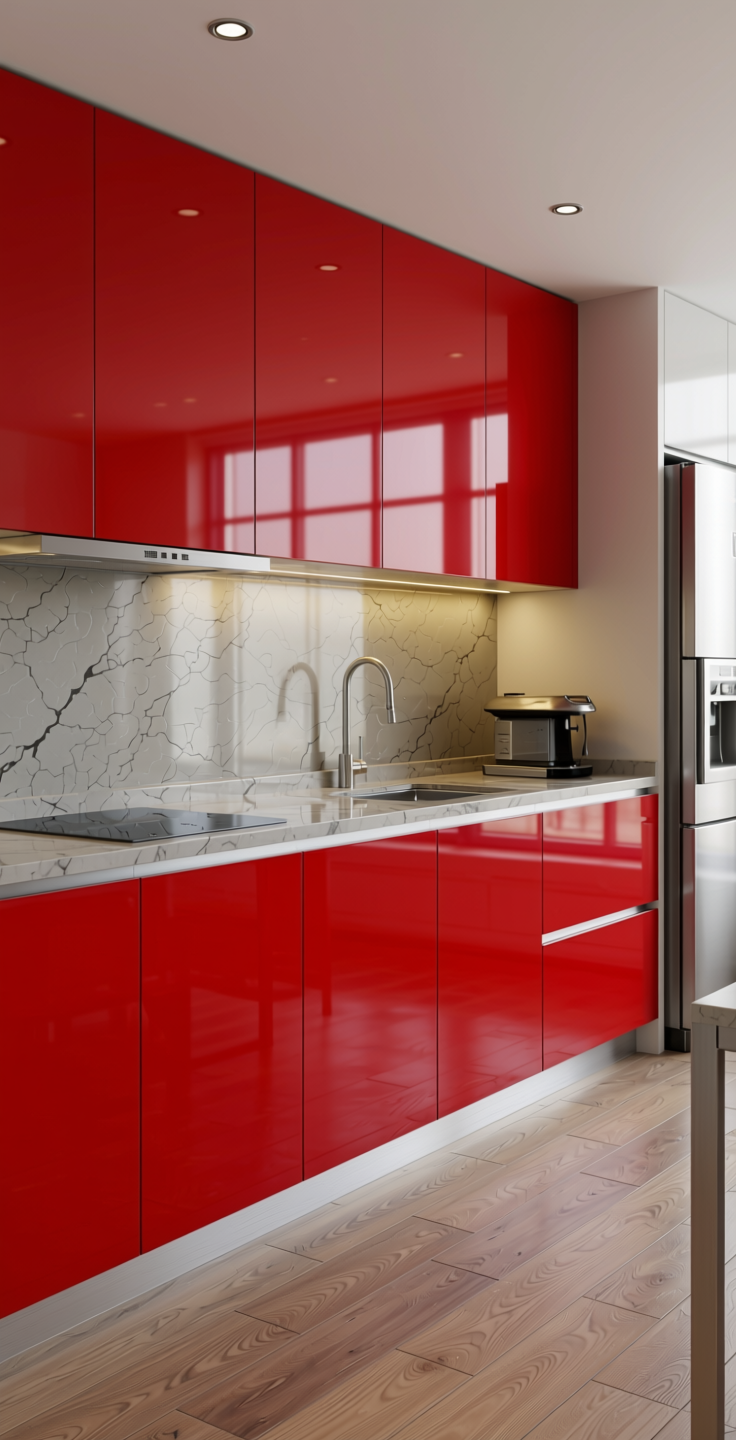 Red Gloss Laminate 8*4 ft 1 mm - LX1046 Gloss — application view in a modern kitchen