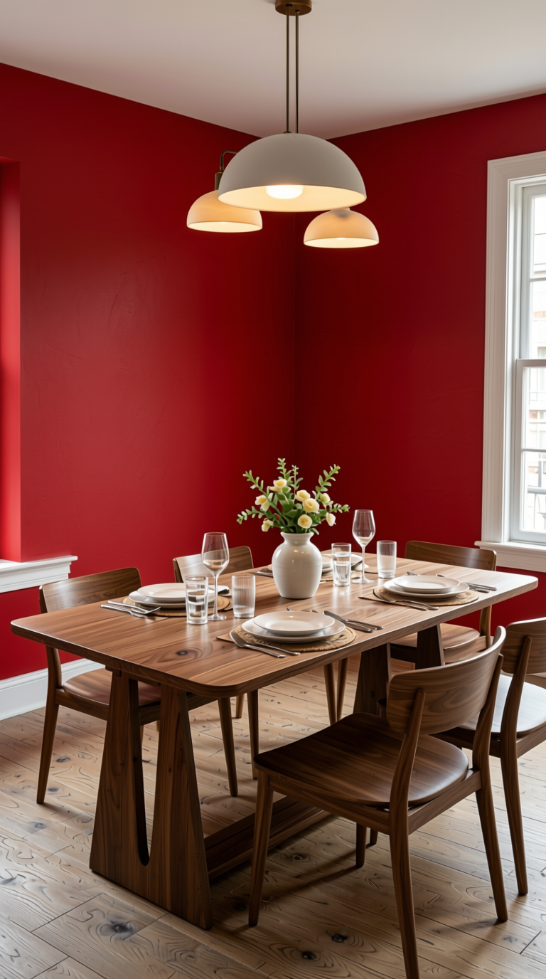 ROBINHOOD RED Texture Laminate 4x8 ft - STY-SOL-572 — application view in a vibrant dining room