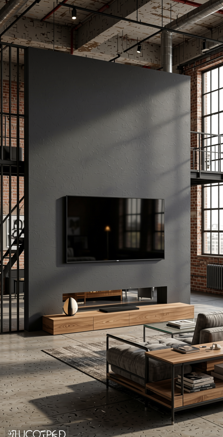 852 Dark Grey Plain Laminate 8x4 ft Texture 0.8 mm - RL 15 — application view in a industrial loft