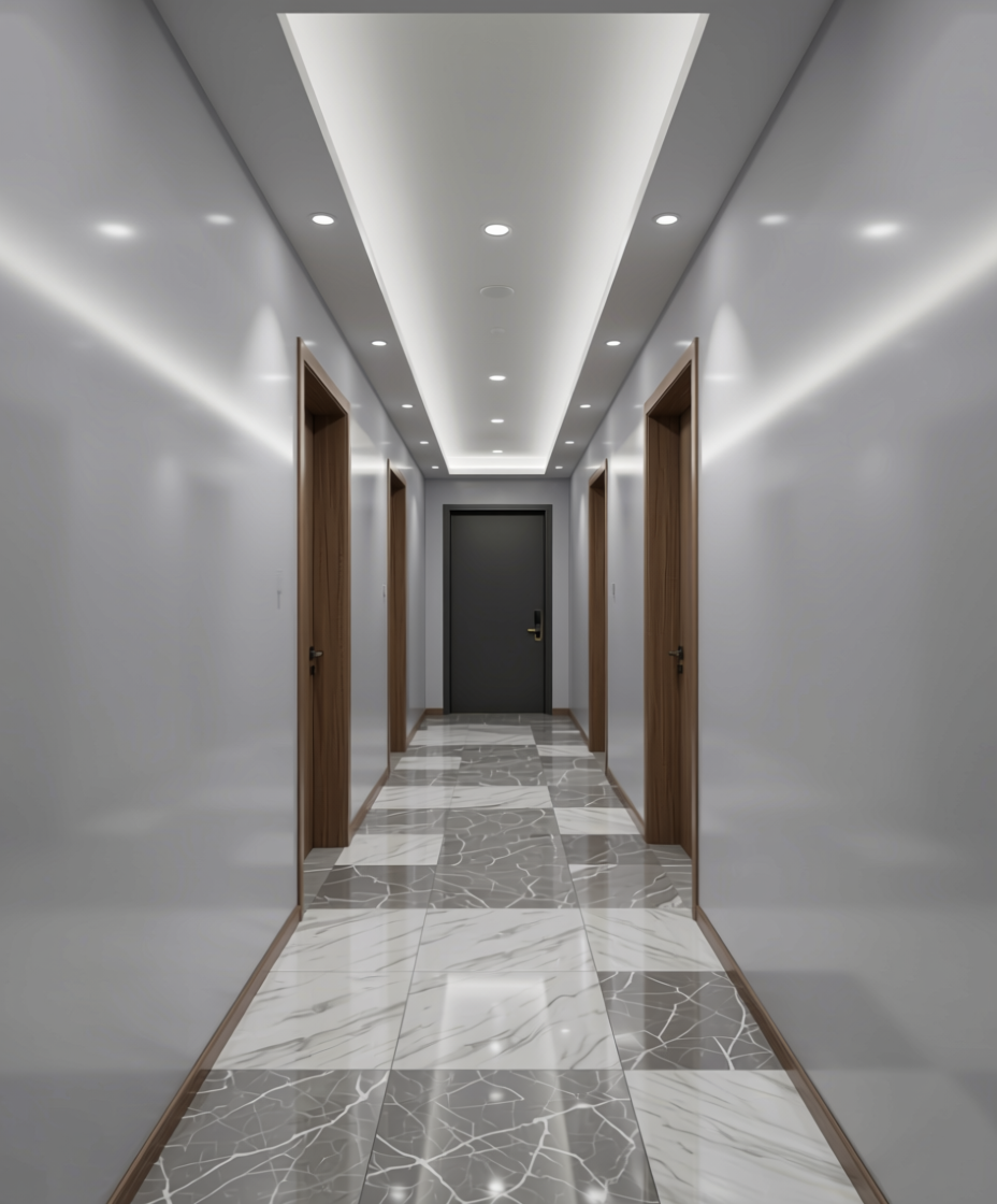 Light Grey Plain Laminate 8x4 ft High Gloss 0.8 mm - HGL 851 — application view in a elegant hallway