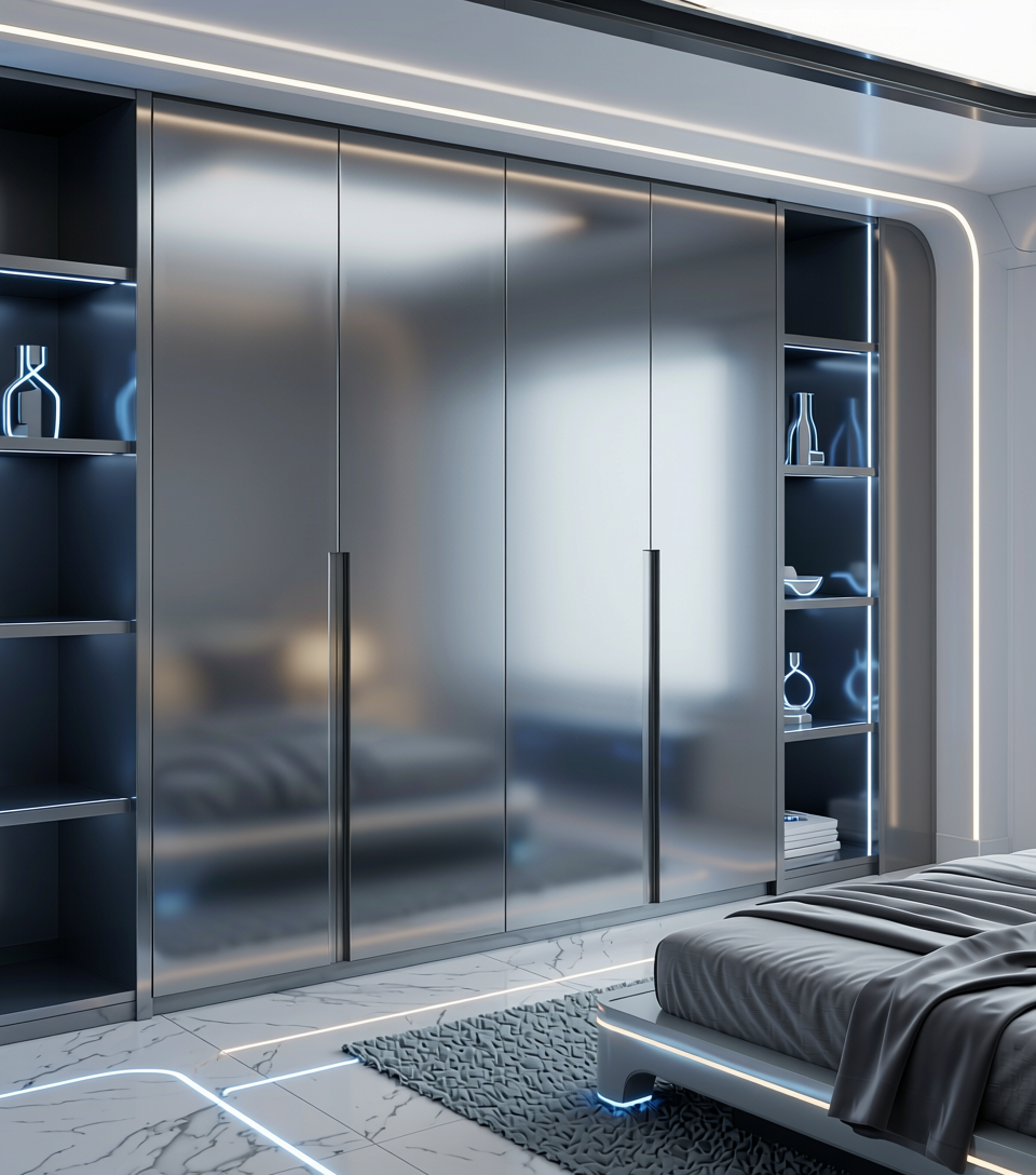 Plain Laminate 8x4 ft Metallic 0.8 mm - SPL 10 — application view in a futuristic bedroom