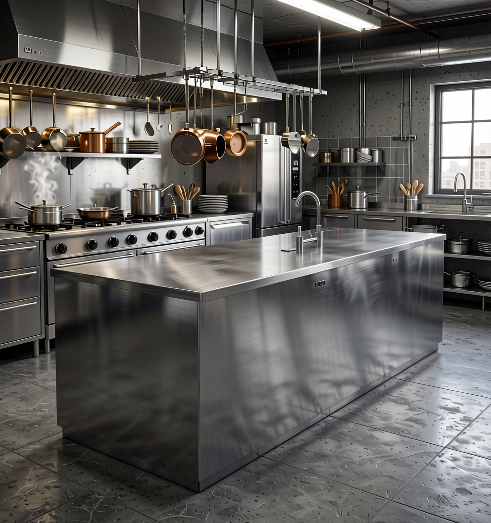 Plain Laminate 8x4 ft Metallic 0.8 mm - SPL 12 — application view in a industrial kitchen