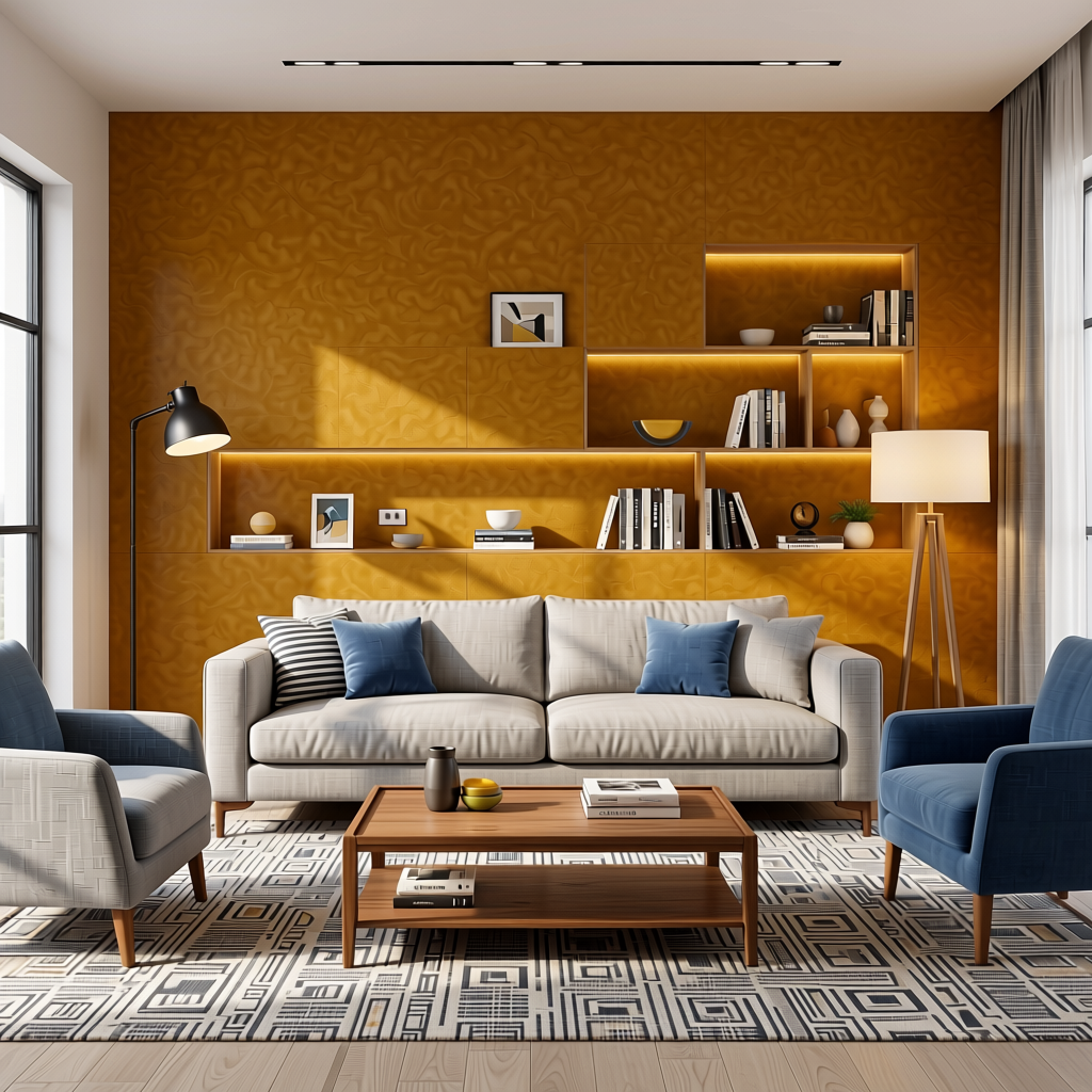 Saffron Plain Colors Laminate 8*4 ft Suede 1.0 mm - HER-1237 — application view in a living room