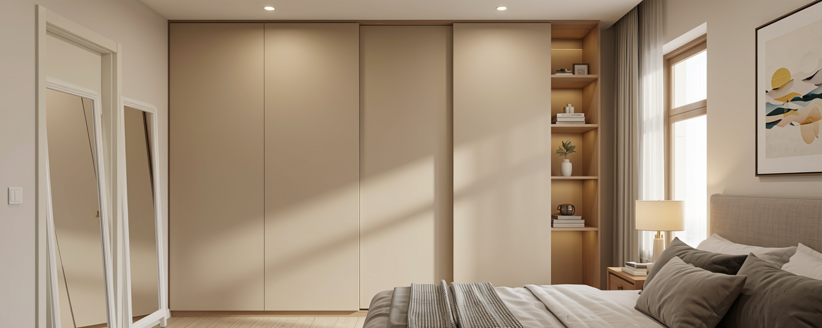 512 Beige Plain Laminate 8x4 ft Super Matte 1 mm - LM 01355 — application view in a neutral bedroom