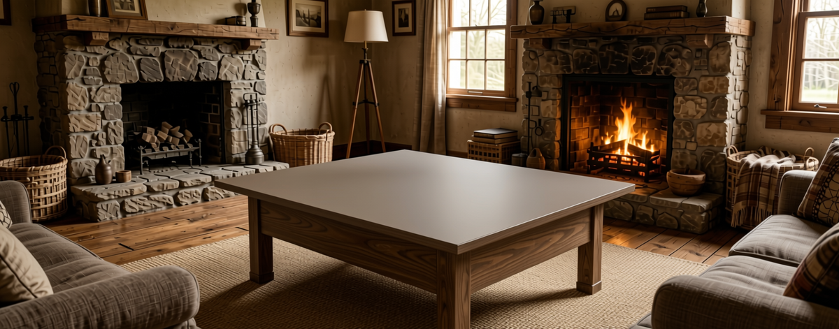 Mud Ash Plain Laminate 8x4 ft Super Matte 1 mm - LM 01346 — application view in a rustic living room