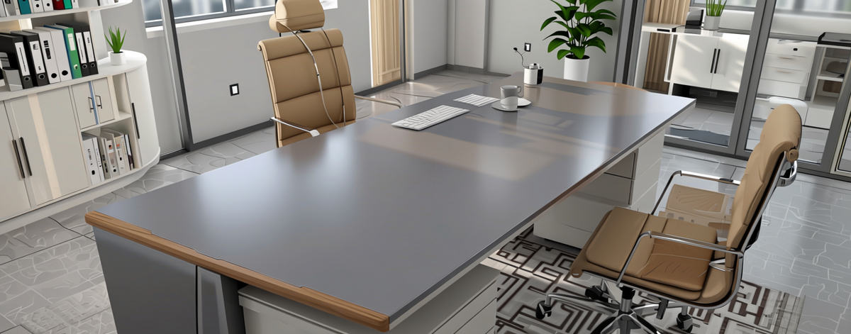 Nickel Grey Plain Laminate 8x4 ft Super Matte 1 mm - SMT 506 — application view in a minimalist office