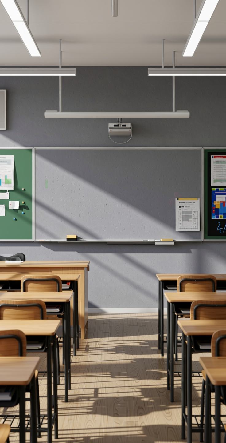 School Grey Suede Laminate 8*4 ft 1 mm - 1073 SF — application view in a modern classroom
