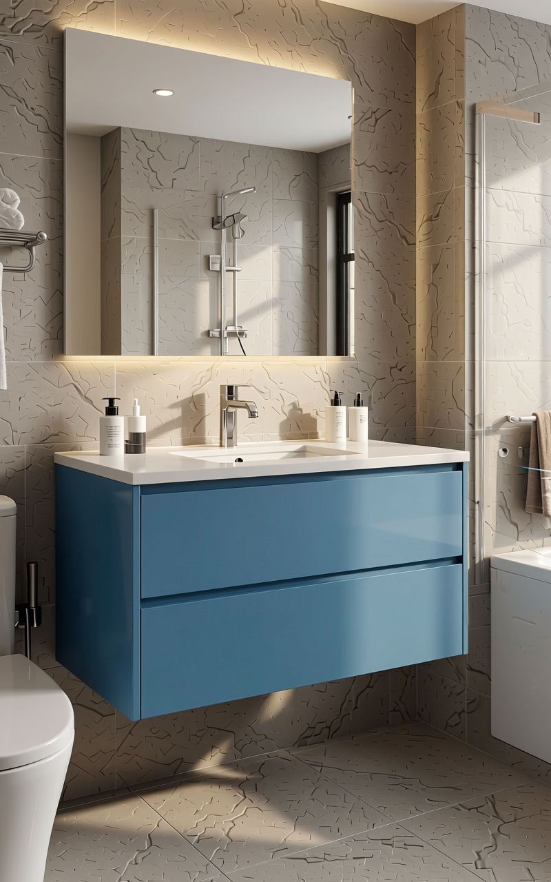Sea Colour Blue Texture Laminate 4x8 ft - STY-SOL-562 — application view in a contemporary bathroom