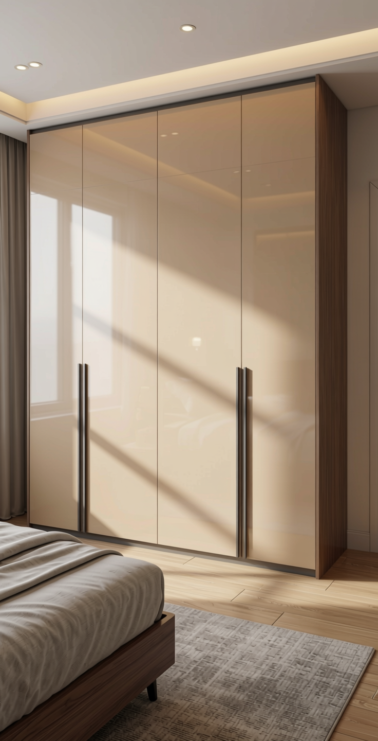 B Plain Laminate 8x4 ft High Gloss 1 mm - LM 14286 — application view in a sleek bedroom
