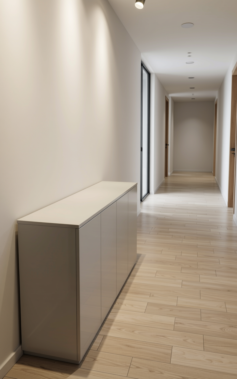 Plain Laminate 8x4 ft High Gloss 0.8 mm - LM 14440 — application view in a minimalist hallway