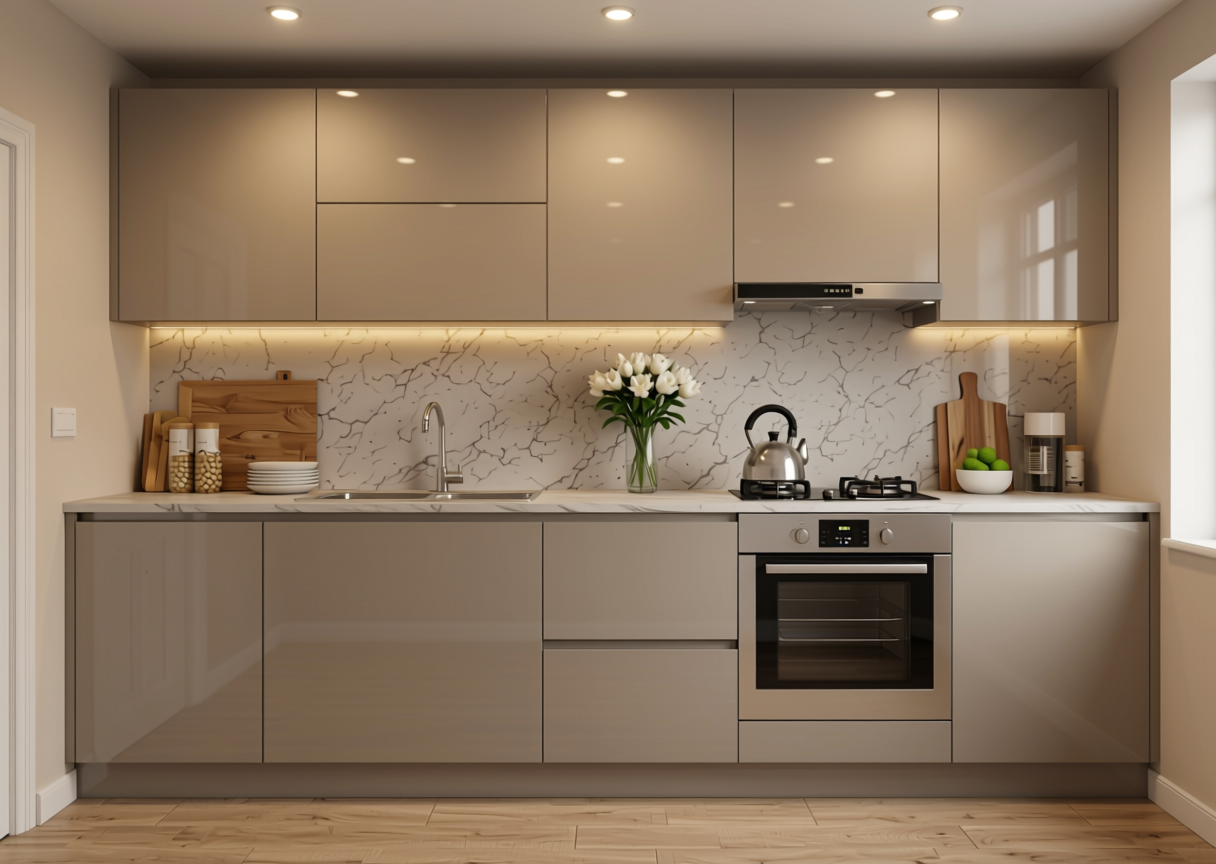 Plain Laminate 8x4 ft High Gloss 0.8 mm - LM 14454 — application view in a compact kitchen