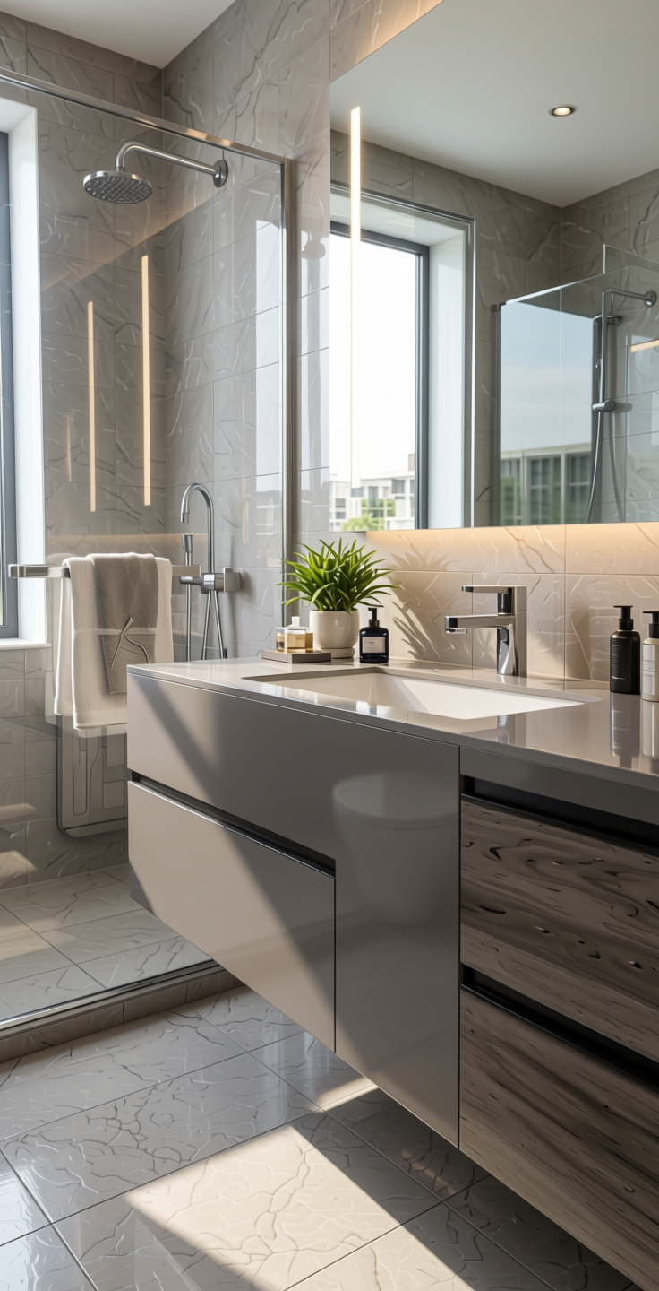 One and Only Plain Laminate 8x4 ft High Gloss 1 mm - LM 14258 — application view in a modern bathroom