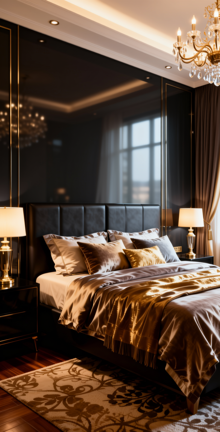 One and Only Wood Laminate 8x4 ft High Gloss 1 mm - LM 14257 — application view in a glamorous bedroom